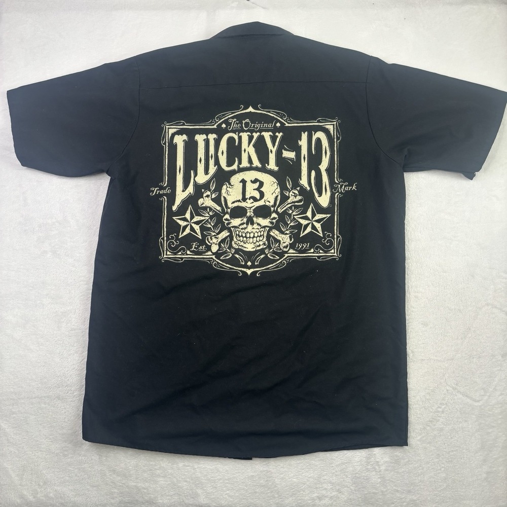 Red Kap Lucky 13 Apparel Black Button Up Short Sleeve Collared Shirt Men's LG